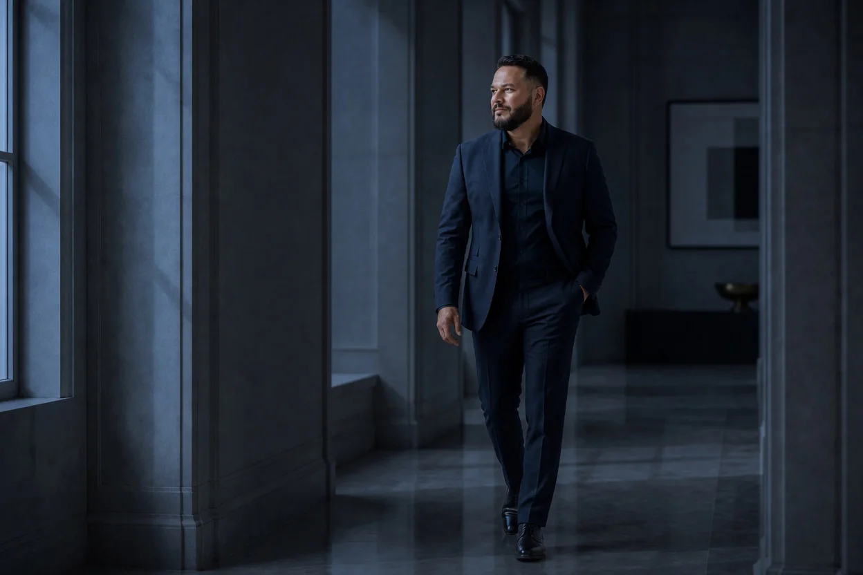 Tan Kayitmaz walking through a bright architectural hall